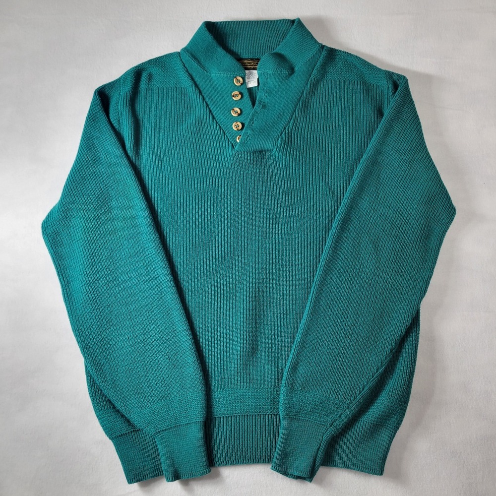 Vtg Eddie Bauer Men's 1/4 Button Knit Sweater Henley Pullover Green Size LT USA